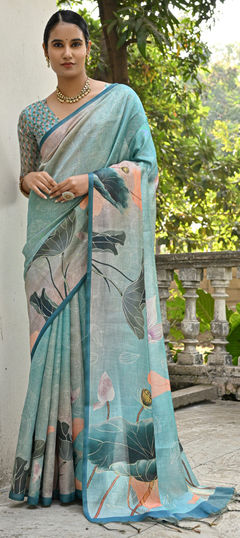 Blue color Saree in Silk cotton fabric with Floral, Printed work