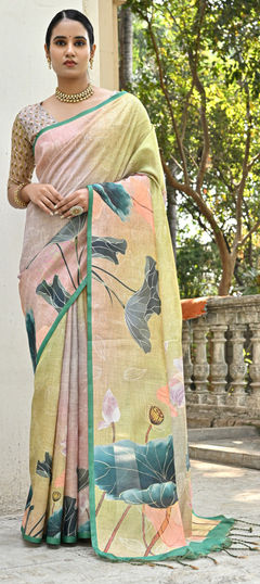 Green color Saree in Silk cotton fabric with Floral, Printed work