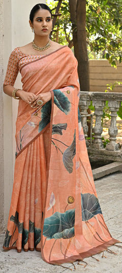 Orange color Saree in Silk cotton fabric with Floral, Printed work