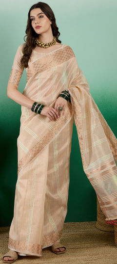 Beige and Brown color Saree in Cotton fabric with Sequence, Weaving work