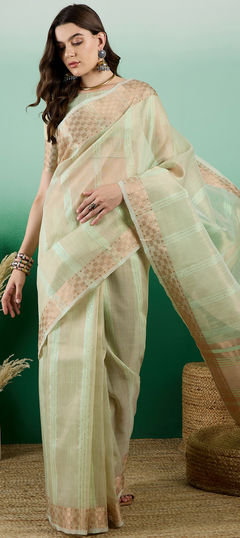 Green color Saree in Cotton fabric with Sequence, Weaving work