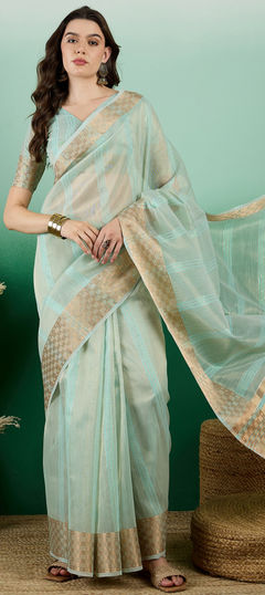 Green color Saree in Cotton fabric with Sequence, Weaving work