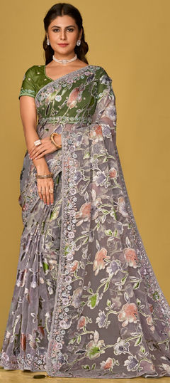 Black and Grey color Saree in Organza Silk fabric with Embroidered, Printed, Sequence, Thread work