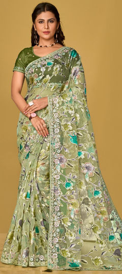 Green color Saree in Organza Silk fabric with Embroidered, Printed, Sequence, Thread work