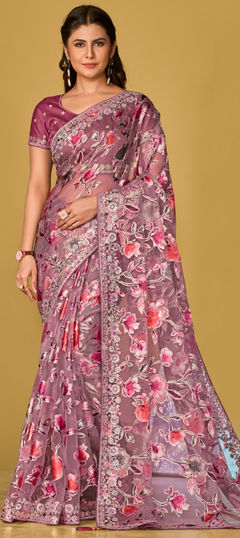 Pink and Majenta color Saree in Organza Silk fabric with Embroidered, Printed, Sequence, Thread work