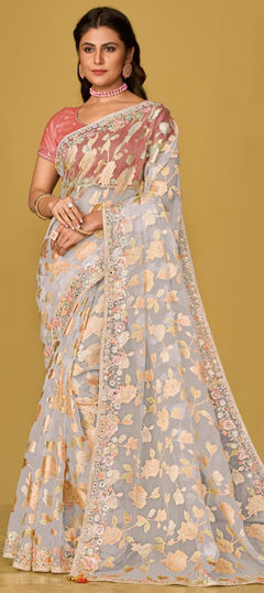 Black and Grey color Saree in Organza Silk fabric with Embroidered, Printed, Sequence, Thread work