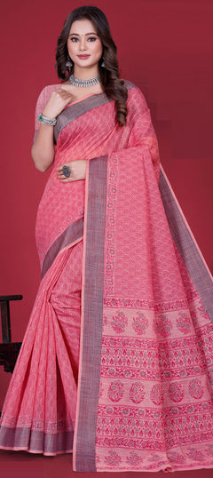 Pink and Majenta color Saree in Cotton fabric with Printed work