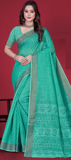 Summer, Traditional Green color Saree in Cotton fabric with Bengali Printed work : 1956413