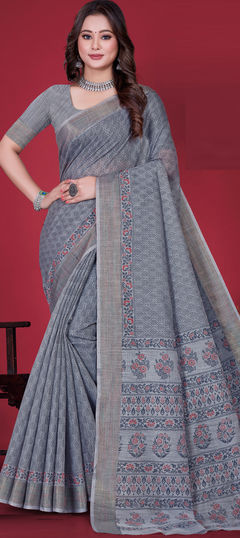 Black and Grey color Saree in Cotton fabric with Printed work