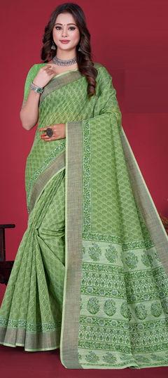 Summer, Traditional Green color Saree in Cotton fabric with Bengali Printed work : 1956420