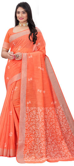 Orange color Saree in Cotton fabric with Embroidered, Thread work