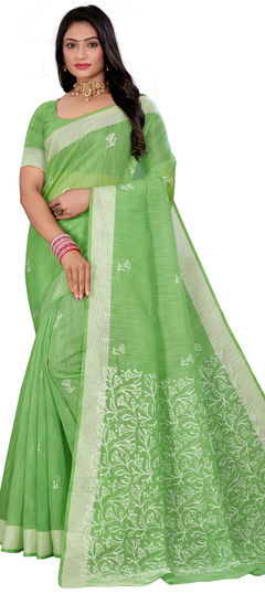 Green color Saree in Cotton fabric with Embroidered, Thread work