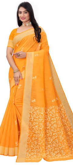 Yellow color Saree in Cotton fabric with Embroidered, Thread work