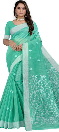 Green color Saree in Cotton fabric with Embroidered, Thread work