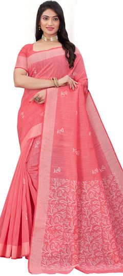 Pink and Majenta color Saree in Cotton fabric with Embroidered, Thread work