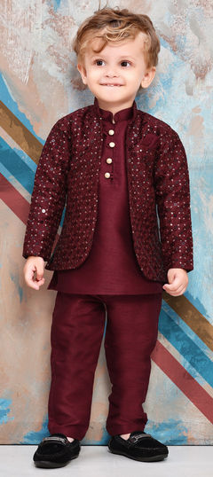 Party Wear Red and Maroon color Boys Kurta Pyjama with Jacket in Viscose fabric with Embroidered work : 1956465