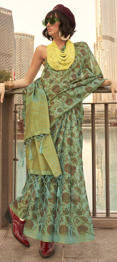 Green color Saree in Tissue fabric with Floral, Printed work