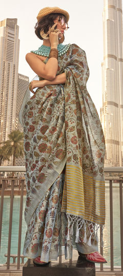 Festive, Traditional Black and Grey color Saree in Tissue fabric with South Floral, Printed work : 1956471