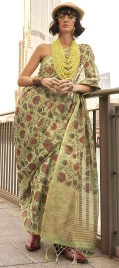 Festive, Traditional Green color Saree in Tissue fabric with South Floral, Printed work : 1956473