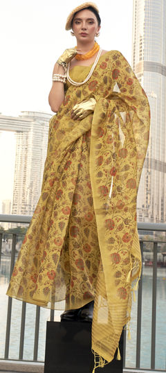 Yellow color Saree in Tissue fabric with Floral, Printed work