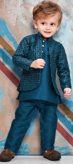 Party Wear Blue color Boys Kurta Pyjama with Jacket in Viscose fabric with Embroidered, Resham, Sequence, Thread work : 1956483