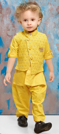 Party Wear Yellow color Boys Kurta Pyjama with Jacket in Cotton fabric with Broches, Embroidered, Resham, Sequence, Thread work : 1956489