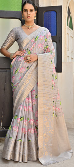 Black and Grey color Saree in Banarasi Silk fabric with Floral, Printed, Weaving work