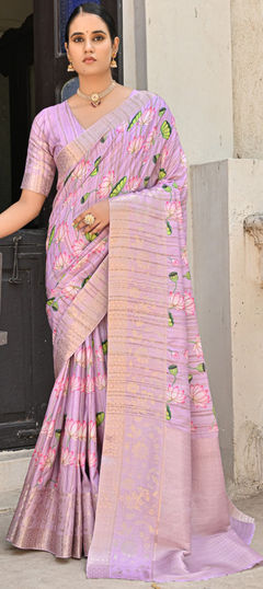 Purple and Violet color Saree in Banarasi Silk fabric with Floral, Printed, Weaving work