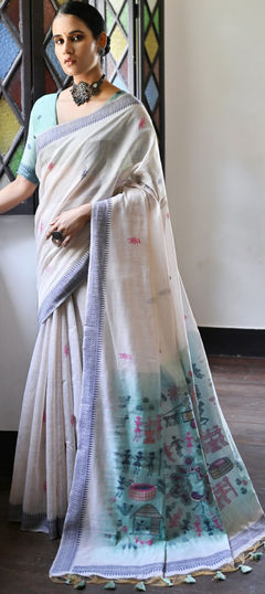 Summer, Traditional Blue color Saree in Cotton fabric with Bengali Weaving work : 1956516