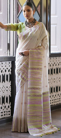 Party Wear, Traditional White and Off White color Saree in Cotton fabric with Bengali Printed, Weaving work : 1956519