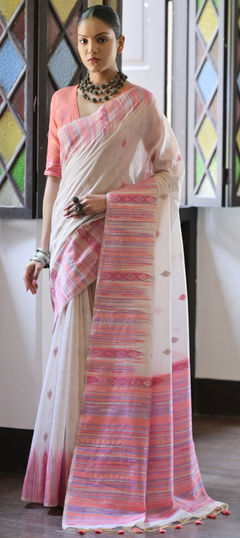 White and Off White color Saree in Cotton fabric with Printed, Weaving work