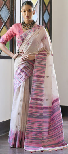 Party Wear, Traditional White and Off White color Saree in Cotton fabric with Bengali Printed, Weaving work : 1956521