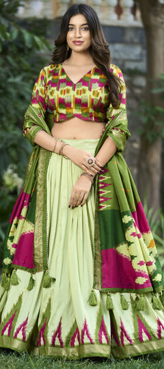 Green color Lehenga in Tussar Silk fabric with Foil Print work