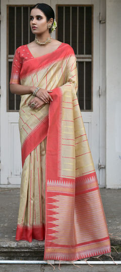 Festive, Traditional Beige and Brown color Saree in Raw Silk fabric with South Weaving, Zari work : 1956570