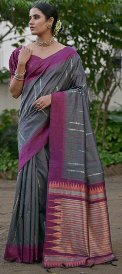 Black and Grey color Saree in Raw Silk fabric with Weaving, Zari work