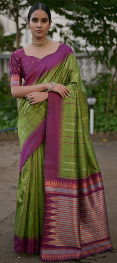 Festive, Traditional Green color Saree in Raw Silk fabric with South Weaving, Zari work : 1956572