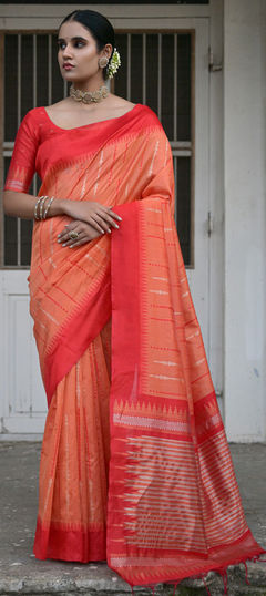 Festive, Traditional Orange color Saree in Raw Silk fabric with South Weaving, Zari work : 1956573