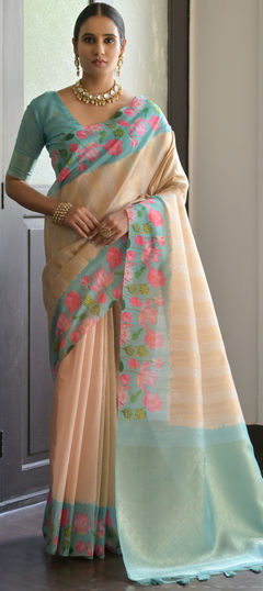 White and Off White color Saree in Banarasi Silk fabric with Floral, Printed, Weaving work