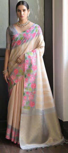 White and Off White color Saree in Banarasi Silk fabric with Floral, Printed, Weaving work