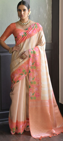 White and Off White color Saree in Banarasi Silk fabric with Floral, Printed, Weaving work