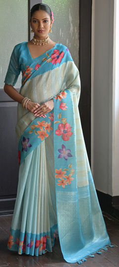 Blue color Saree in Banarasi Silk fabric with Floral, Printed, Weaving work