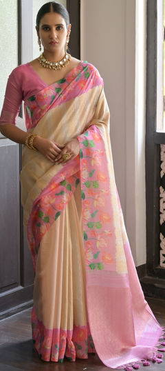 White and Off White color Saree in Banarasi Silk fabric with Floral, Printed, Weaving work