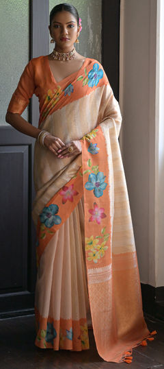 Orange color Saree in Banarasi Silk fabric with Floral, Printed, Weaving work