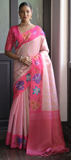 Pink and Majenta color Saree in Banarasi Silk fabric with Floral, Printed, Weaving work