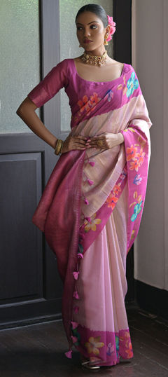 Purple and Violet color Saree in Banarasi Silk fabric with Floral, Printed, Weaving work