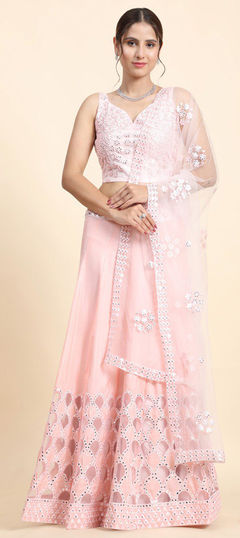 Bridal, Wedding Pink and Majenta color Lehenga in Net fabric with Flared Embroidered, Mirror, Thread work : 1956692