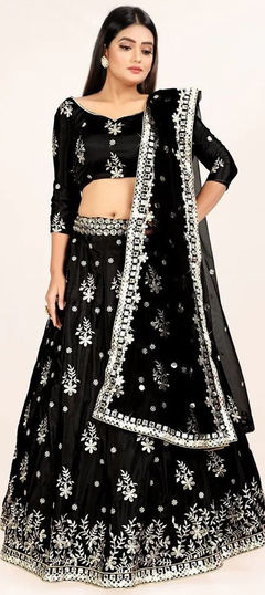 Bridal, Wedding Black and Grey color Lehenga in Silk fabric with Flared Embroidered, Thread, Zari work : 1956693