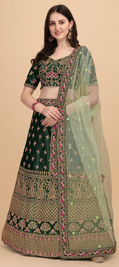 Bridal, Wedding Green color Lehenga in Satin Silk fabric with Flared Embroidered, Sequence, Thread, Zari work : 1956694