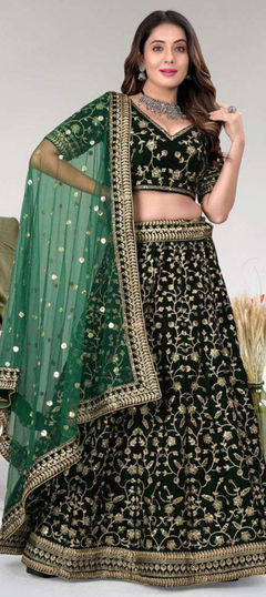 Bridal, Wedding Green color Lehenga in Organza Silk fabric with Flared Embroidered, Thread, Zari work : 1956696