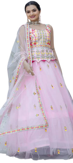 Bridal, Wedding Pink and Majenta color Lehenga in Satin Silk fabric with Flared Embroidered, Thread, Zari work : 1956702